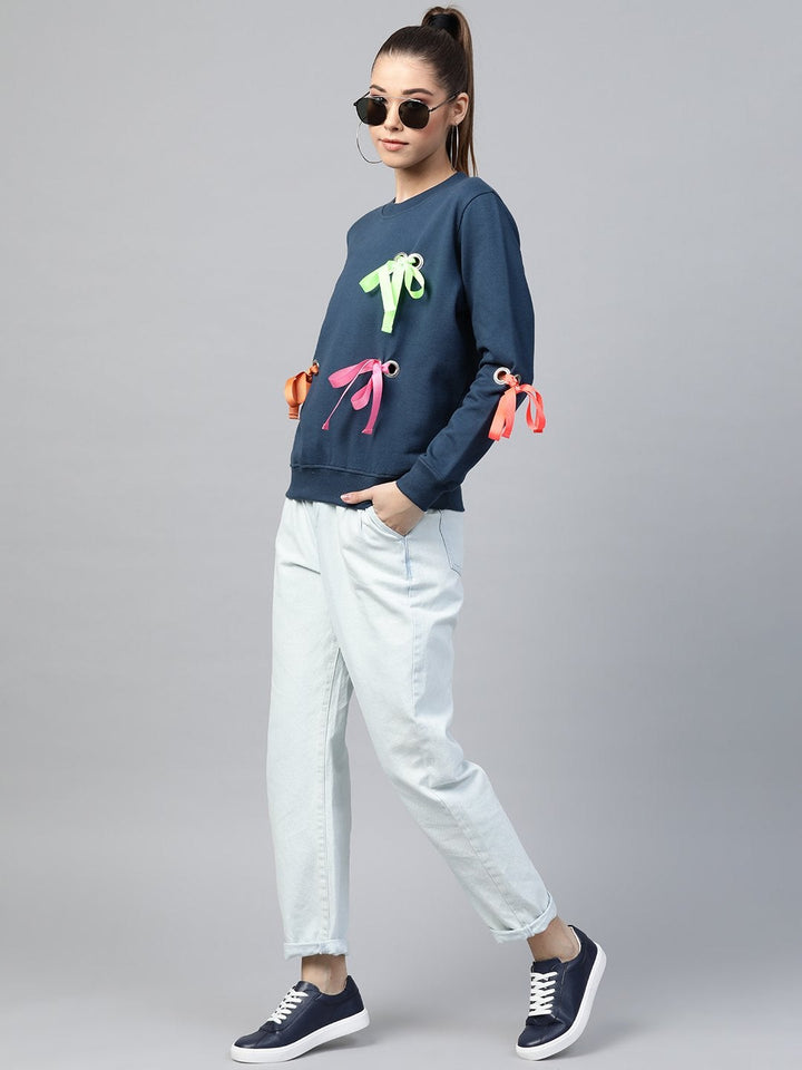 Women's Teal Multicolor Ribbon Detail Sweatshirt - SASSAFRAS