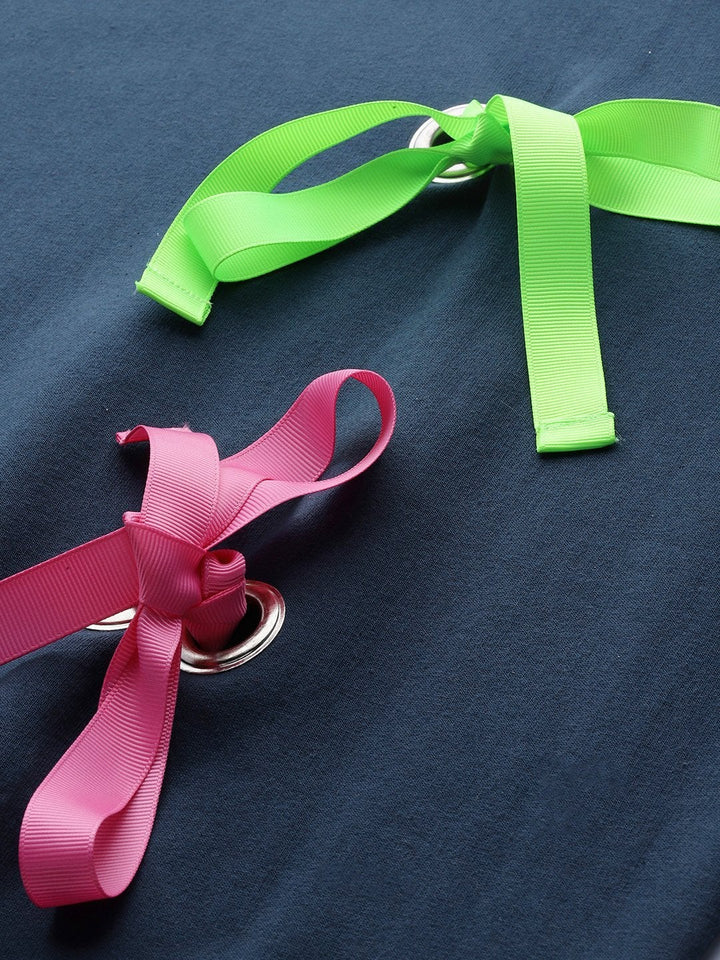Women's Teal Multicolor Ribbon Detail Sweatshirt - SASSAFRAS