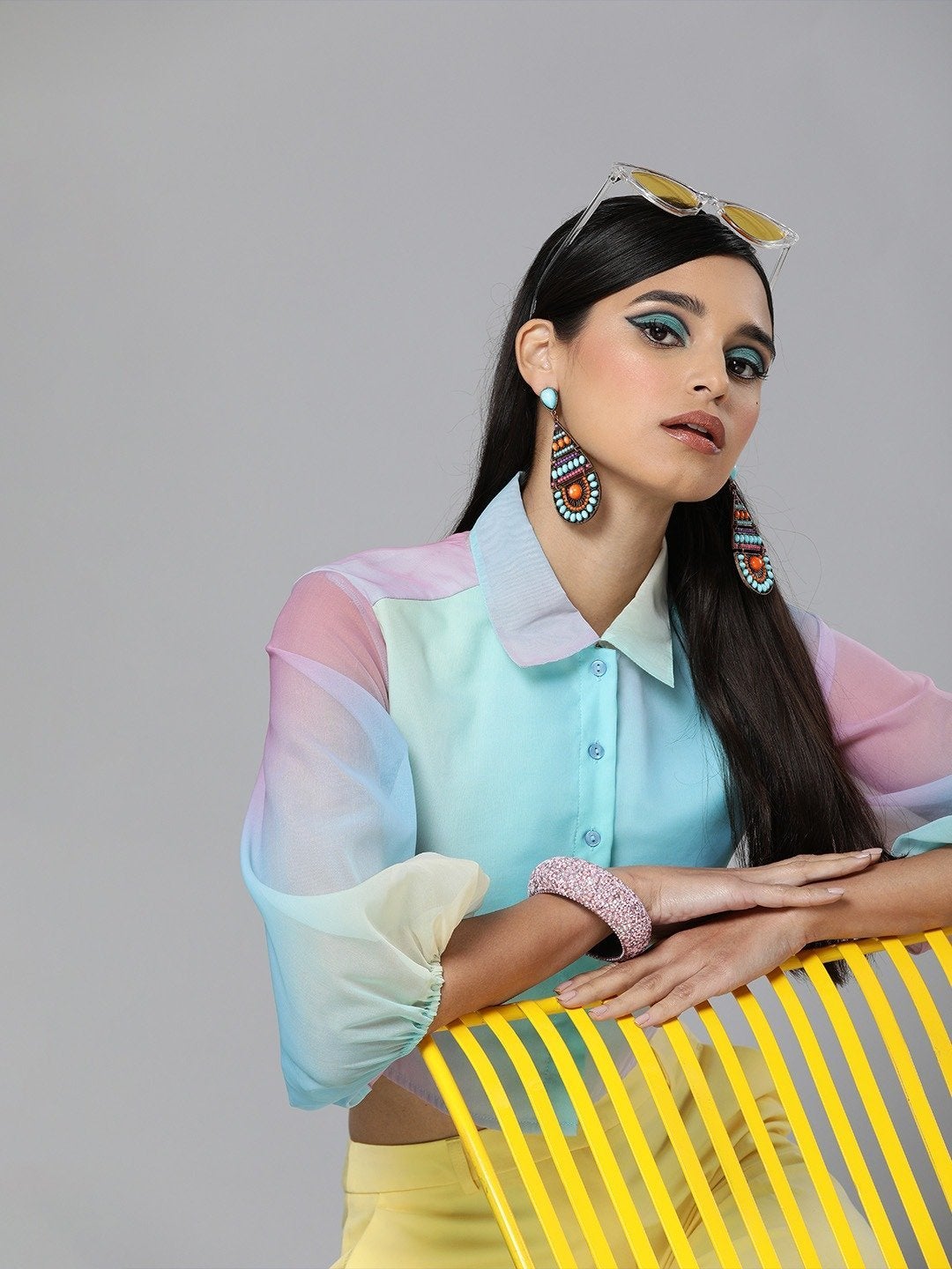 Women's Rainbow Organza Shirt Style Crop Top - SASSAFRAS