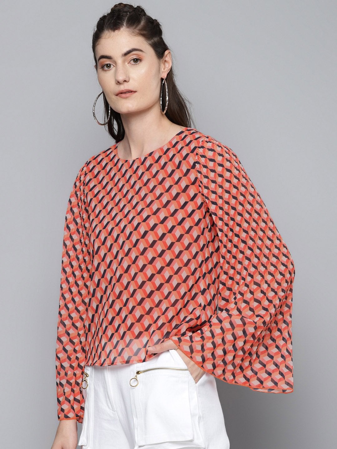Women's Orange Geo Print Pleated Top - SASSAFRAS