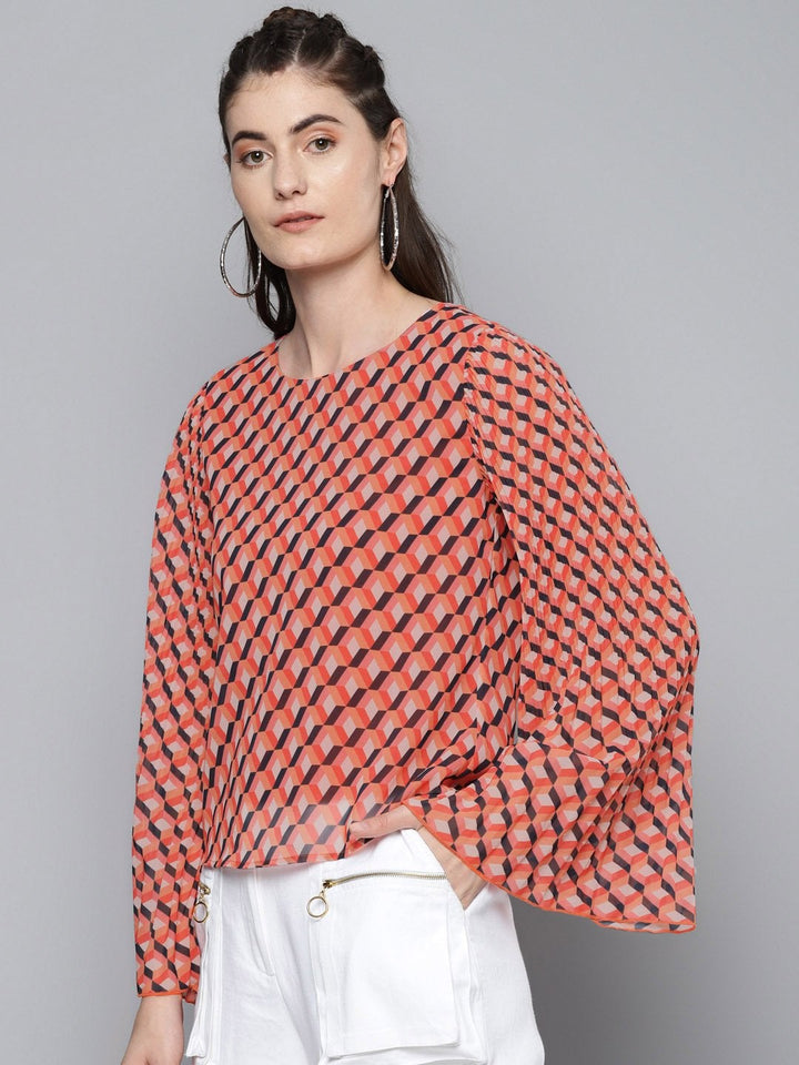 Women's Orange Geo Print Pleated Top - SASSAFRAS