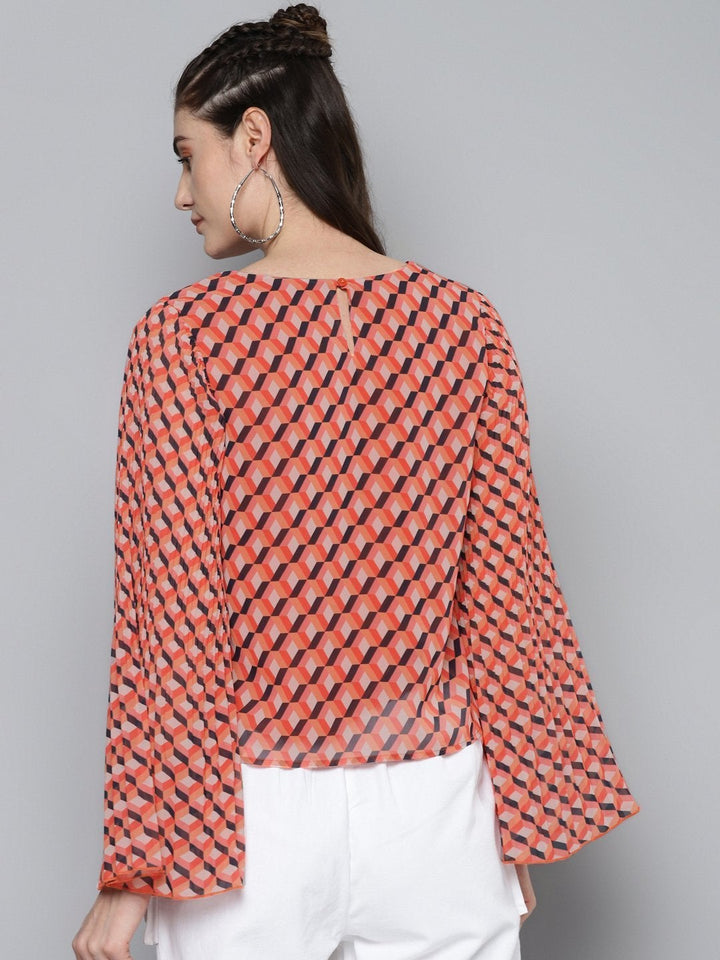 Women's Orange Geo Print Pleated Top - SASSAFRAS