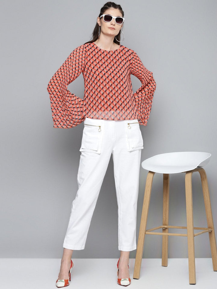 Women's Orange Geo Print Pleated Top - SASSAFRAS