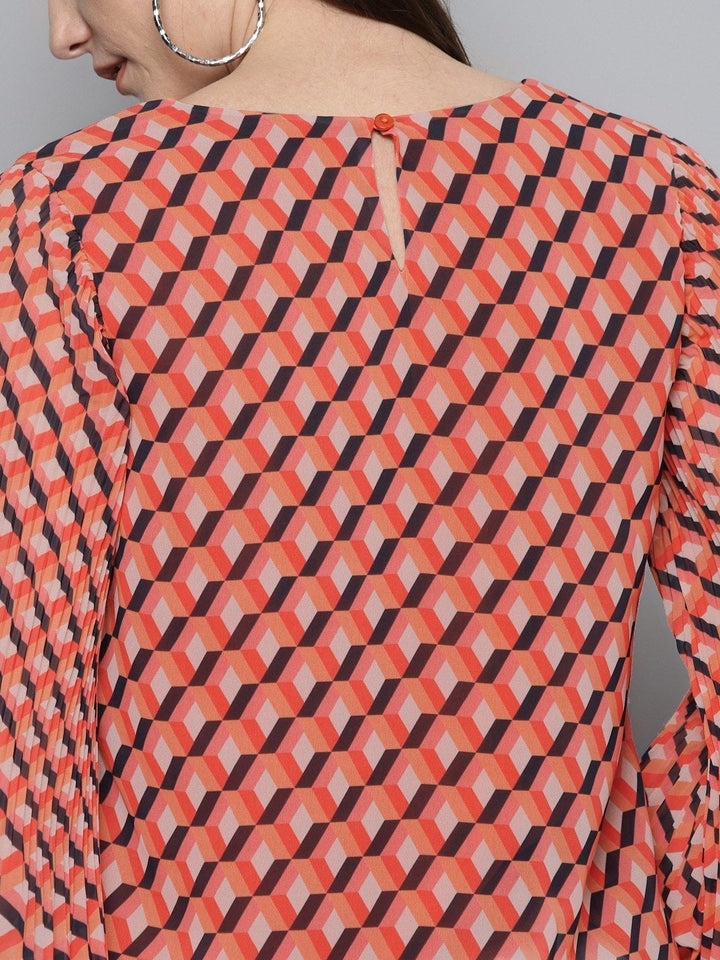 Women's Orange Geo Print Pleated Top - SASSAFRAS