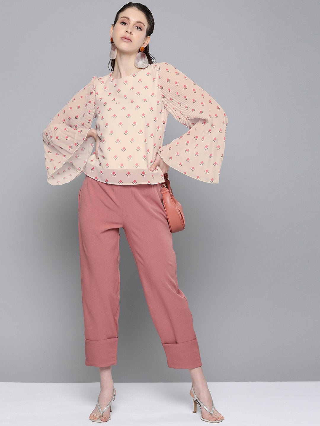 Women's Beige Diamond Print Print Pleated Top - SASSAFRAS