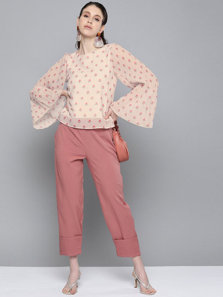 Women's Beige Diamond Print Print Pleated Top - SASSAFRAS