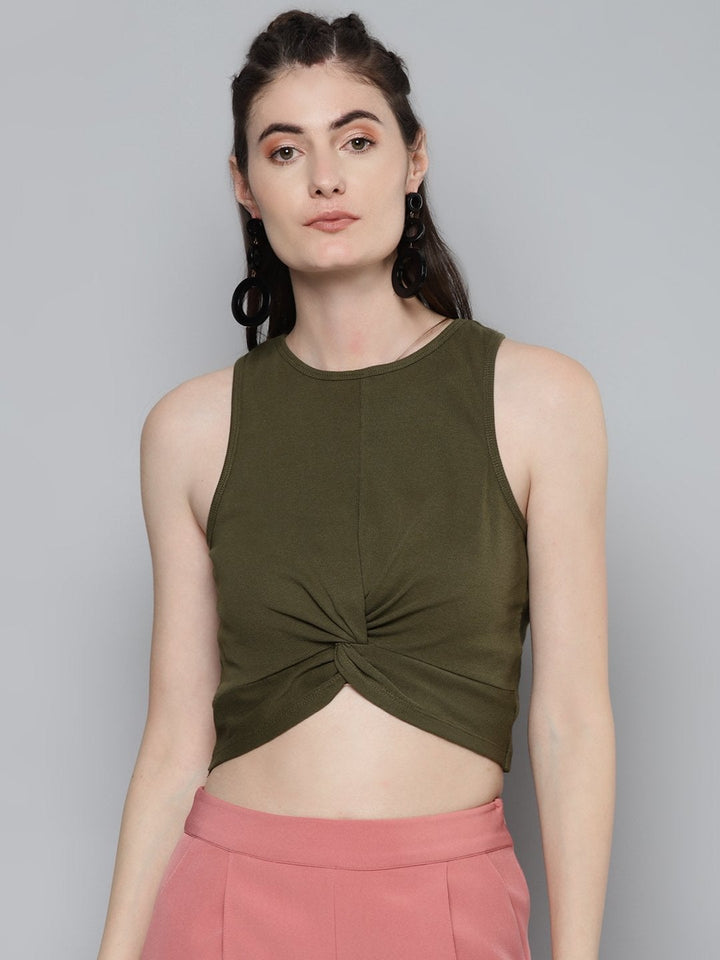 Women's Olive Front Knot Crop Top - SASSAFRAS