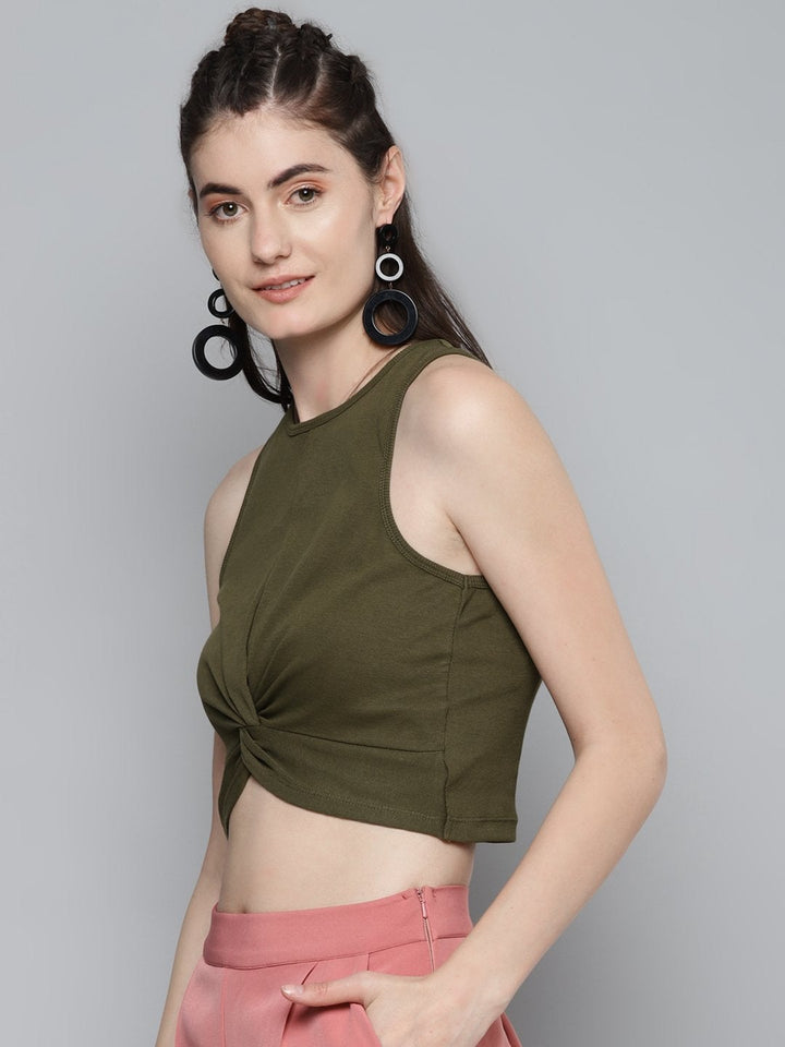 Women's Olive Front Knot Crop Top - SASSAFRAS
