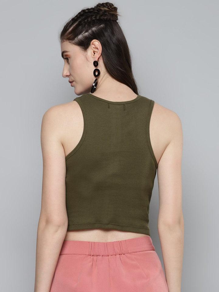 Women's Olive Front Knot Crop Top - SASSAFRAS