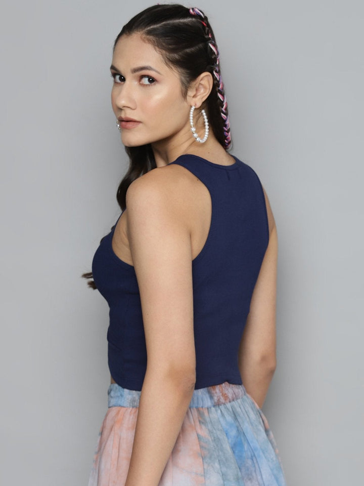 Women's Navy Blue Front Knot Crop Top - SASSAFRAS
