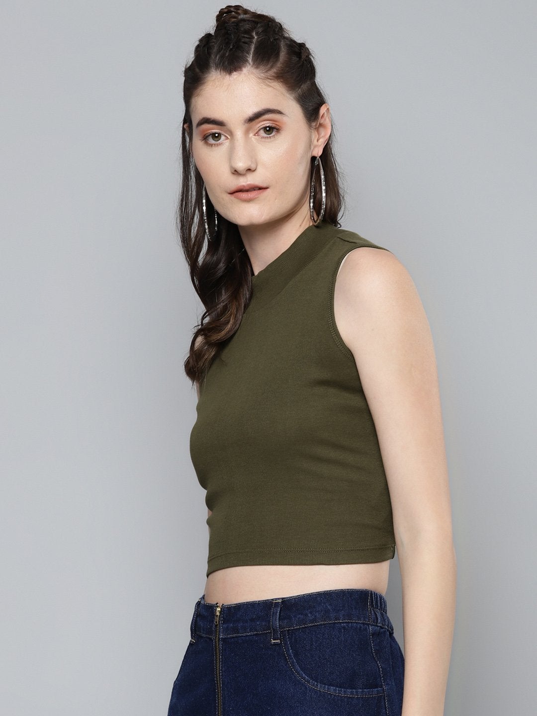 Women's Olive High Neck Crop Top - SASSAFRAS