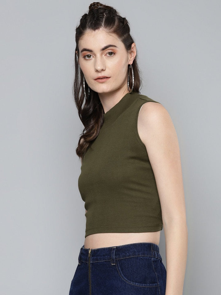 Women's Olive High Neck Crop Top - SASSAFRAS