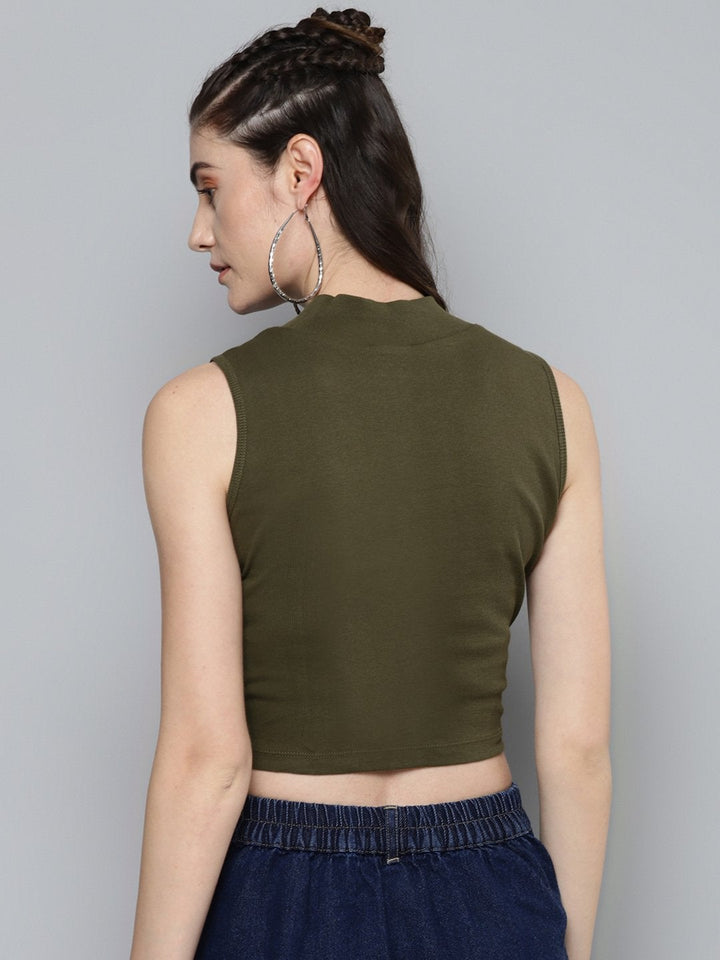 Women's Olive High Neck Crop Top - SASSAFRAS