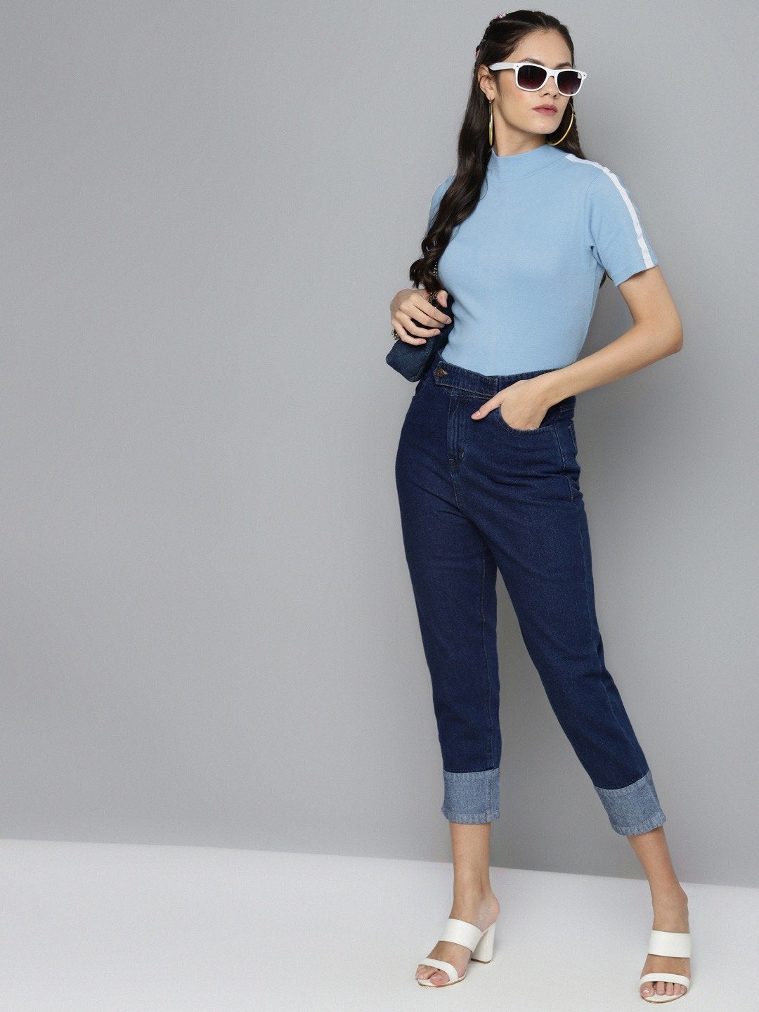 Women's Blue Tape Detail At Sleeve Top - SASSAFRAS