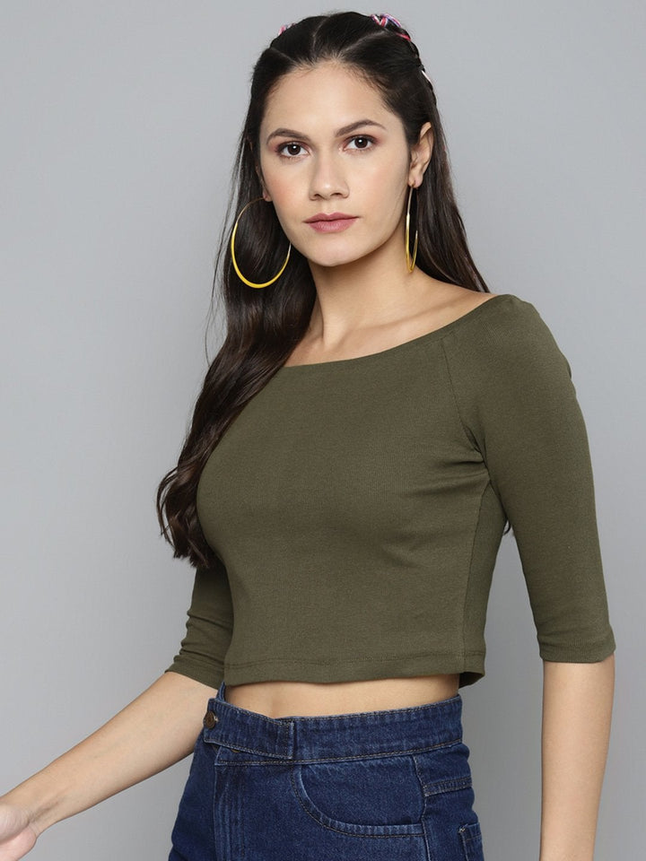 Women's Olive Bardot Crop Top - SASSAFRAS