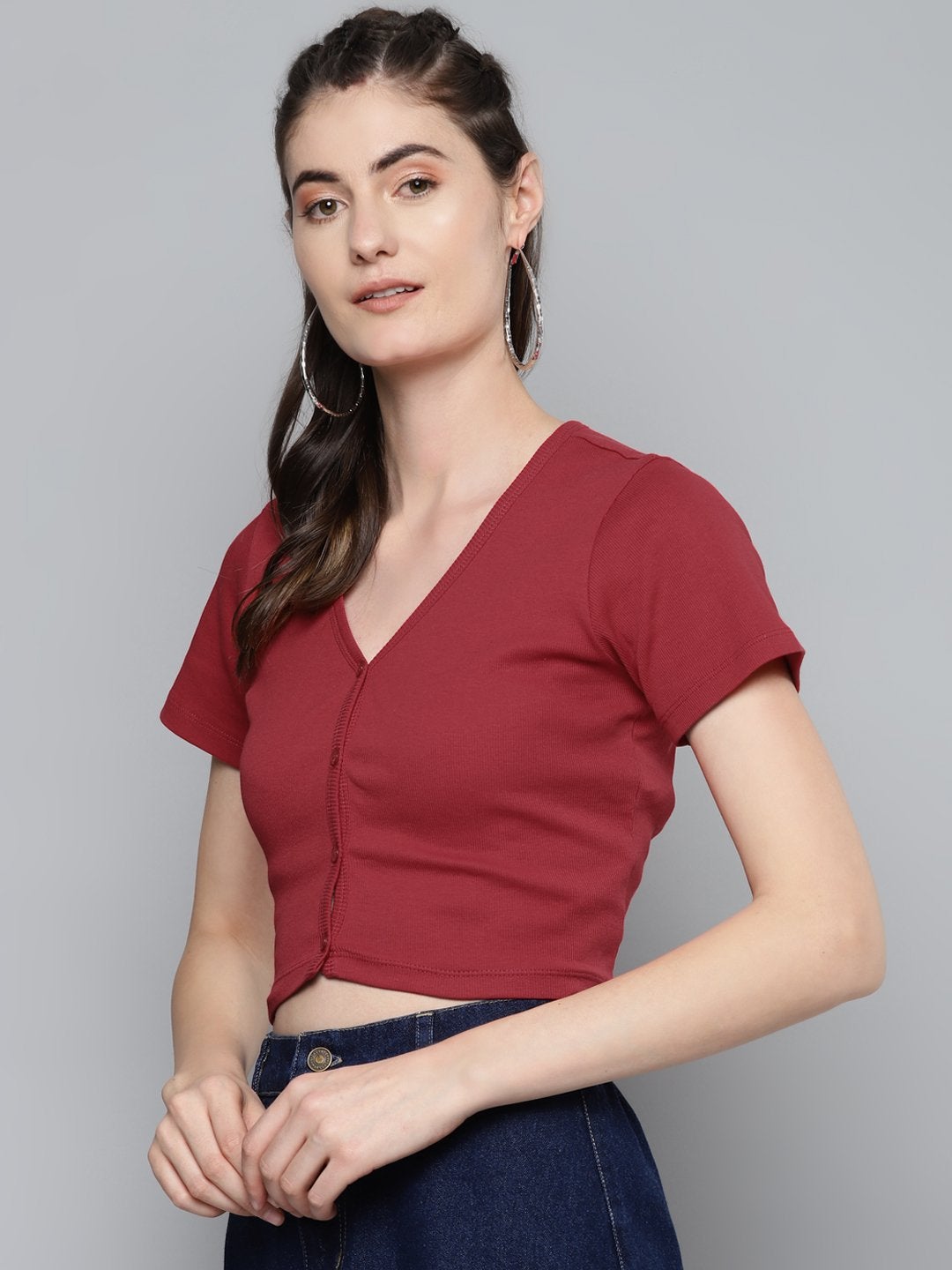 Women's Red Front Button Crop Top - SASSAFRAS