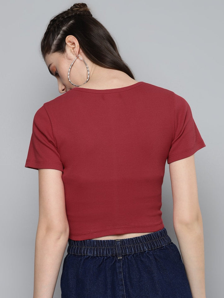 Women's Red Front Button Crop Top - SASSAFRAS
