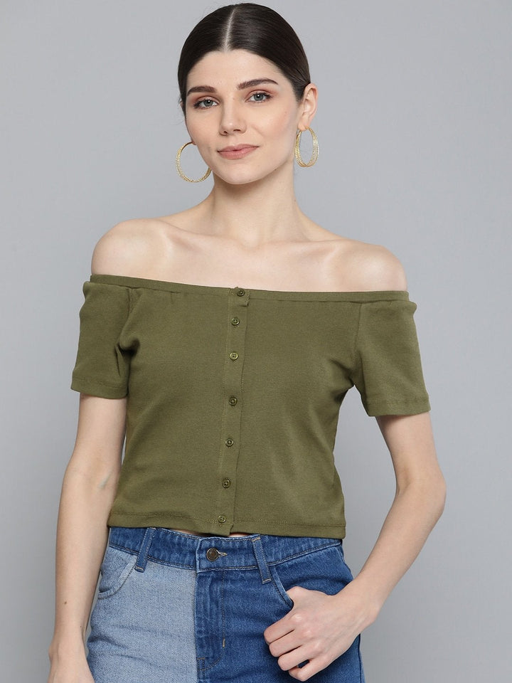 Women's Olive Front Button Bardot Crop Top - SASSAFRAS