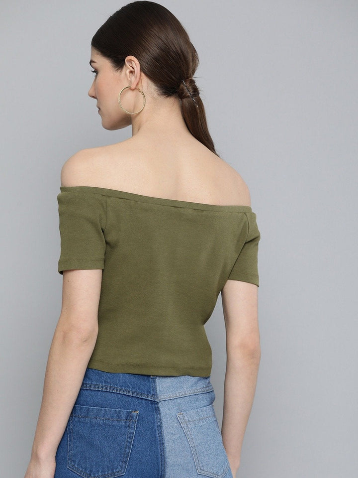 Women's Olive Front Button Bardot Crop Top - SASSAFRAS