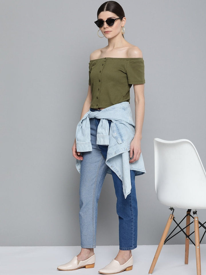 Women's Olive Front Button Bardot Crop Top - SASSAFRAS