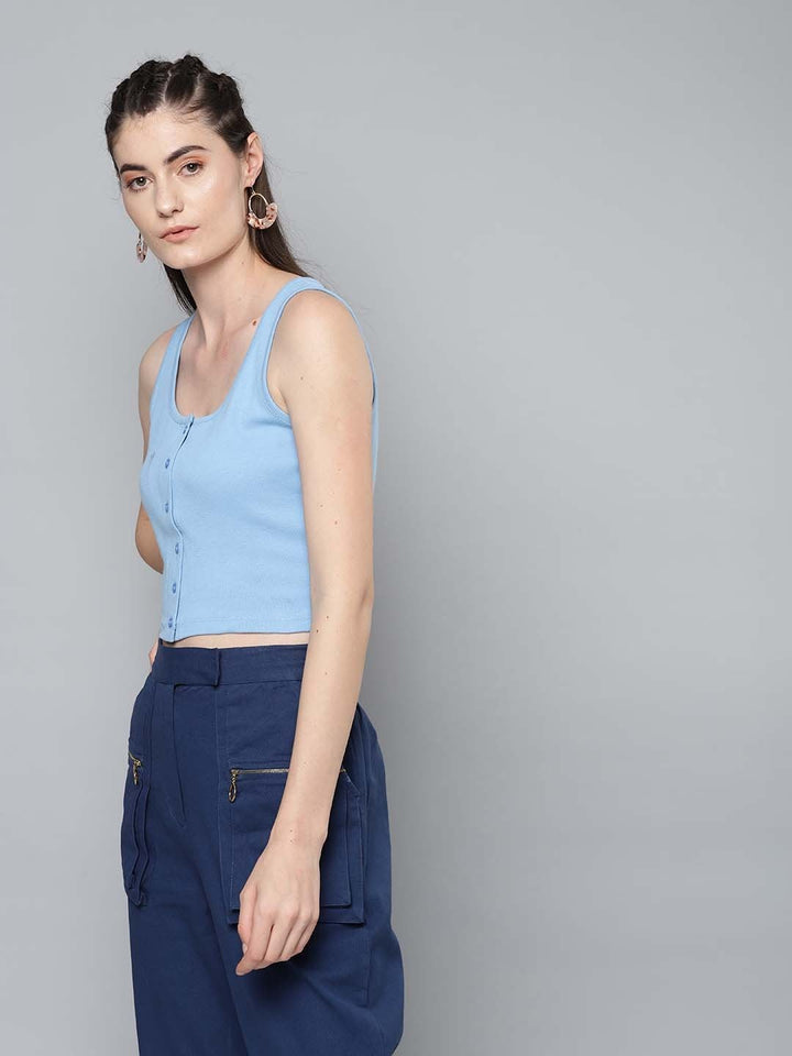 Women's Blue Front Button Sleeveless Crop Top - SASSAFRAS