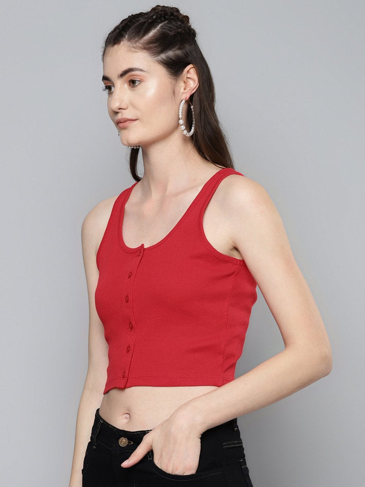 Women's Red Front Button Sleeveless Crop Top - SASSAFRAS