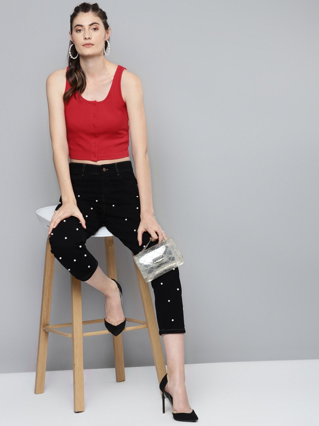 Women's Red Front Button Sleeveless Crop Top - SASSAFRAS