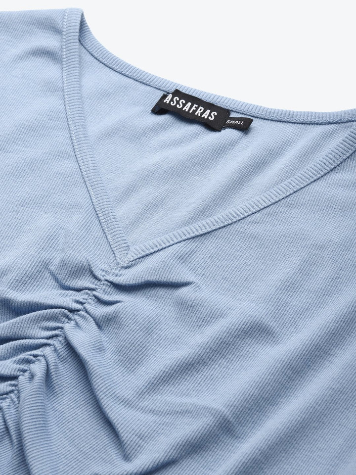 Women's Blue Gather Detail Crop Top - SASSAFRAS