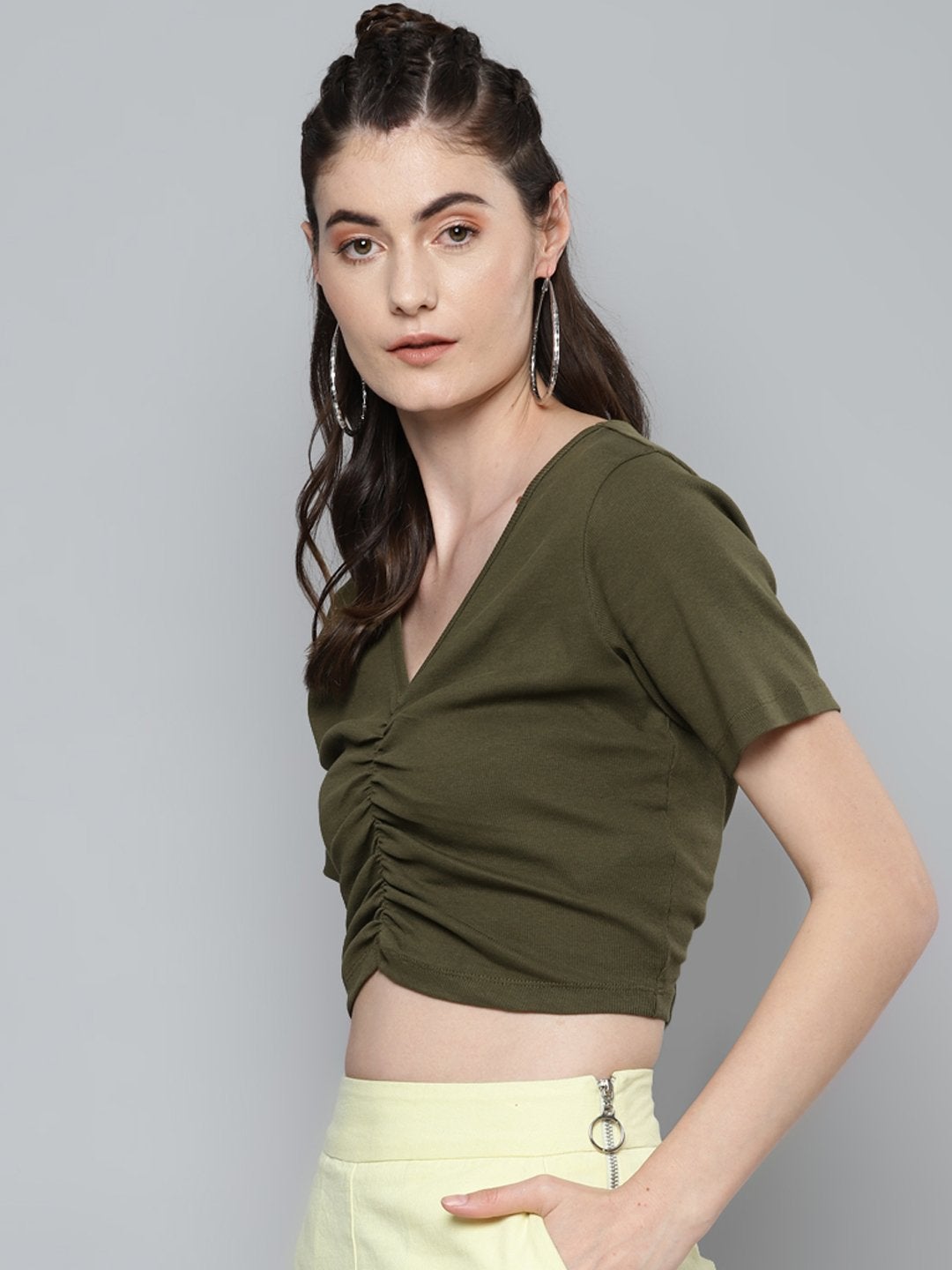 Women's Olive Gathe Detail Crop Top - SASSAFRAS