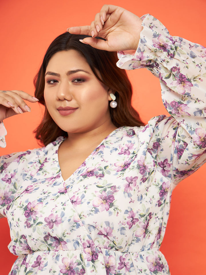 Women's Off White Floral Wrap Neck Top - SASSAFRAS