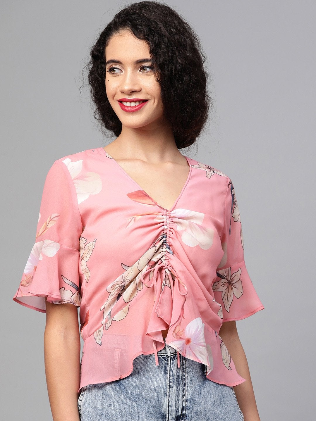 Buy Women'S Rose Pink Floral Front Rouched Top - Sassafras-Fashion ...