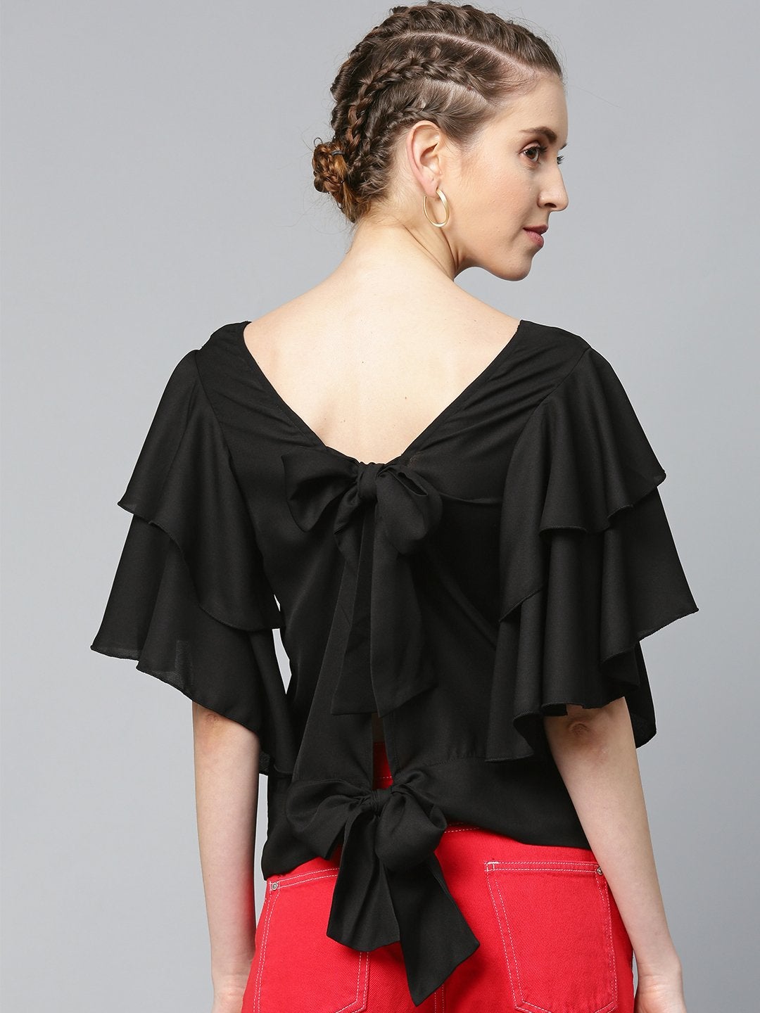 Women's Black Frilly Sleeve Back Detail Top - SASSAFRAS