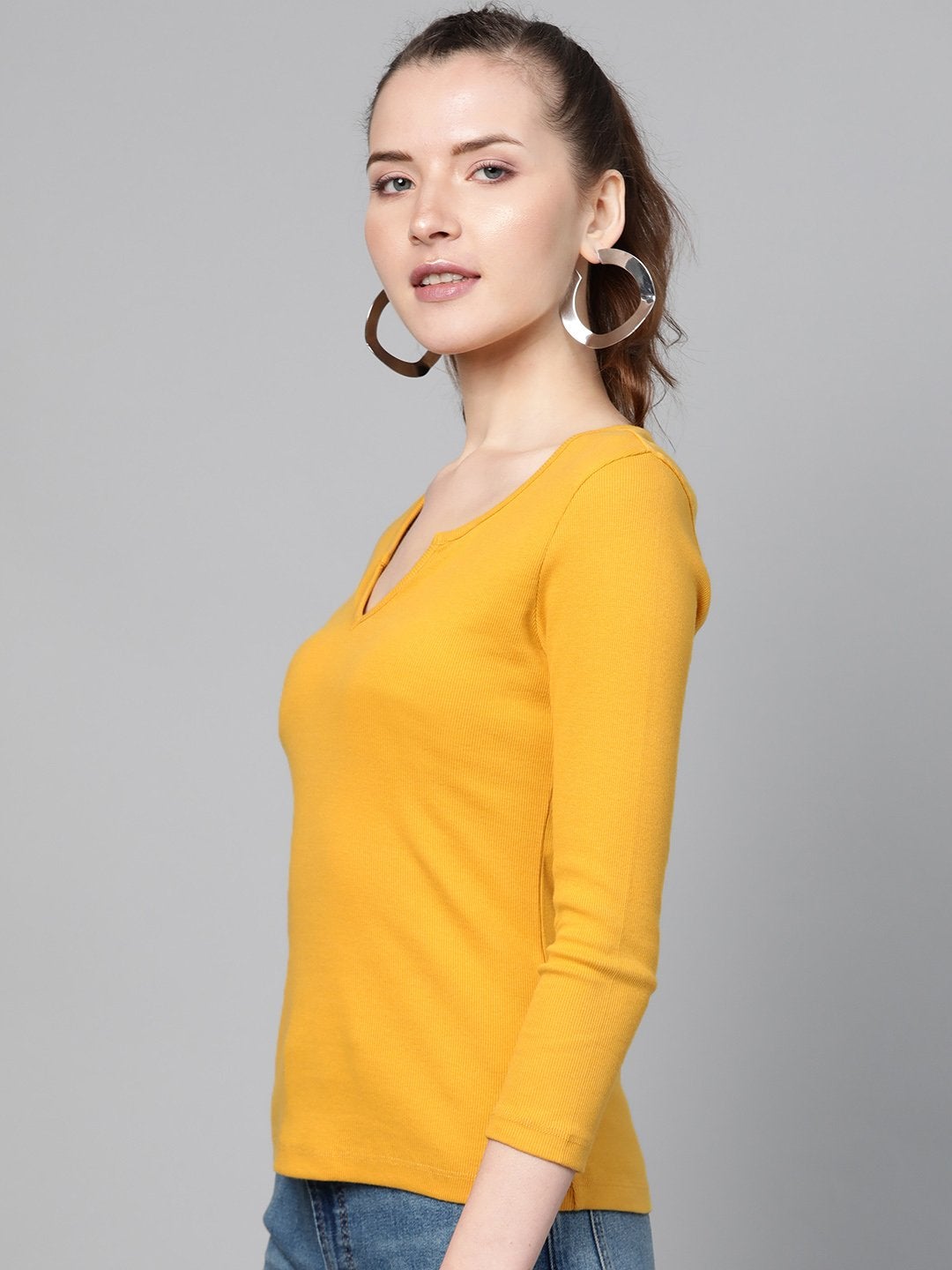 Women's Mustard Rib V-Neck T-Shirt - SASSAFRAS