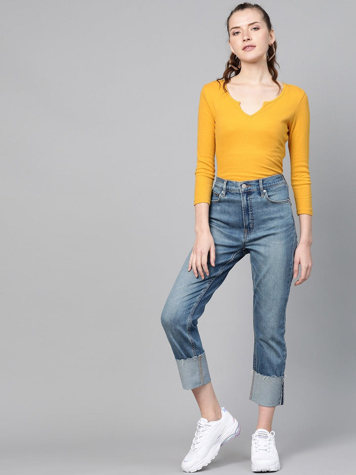 Women's Mustard Rib V-Neck T-Shirt - SASSAFRAS