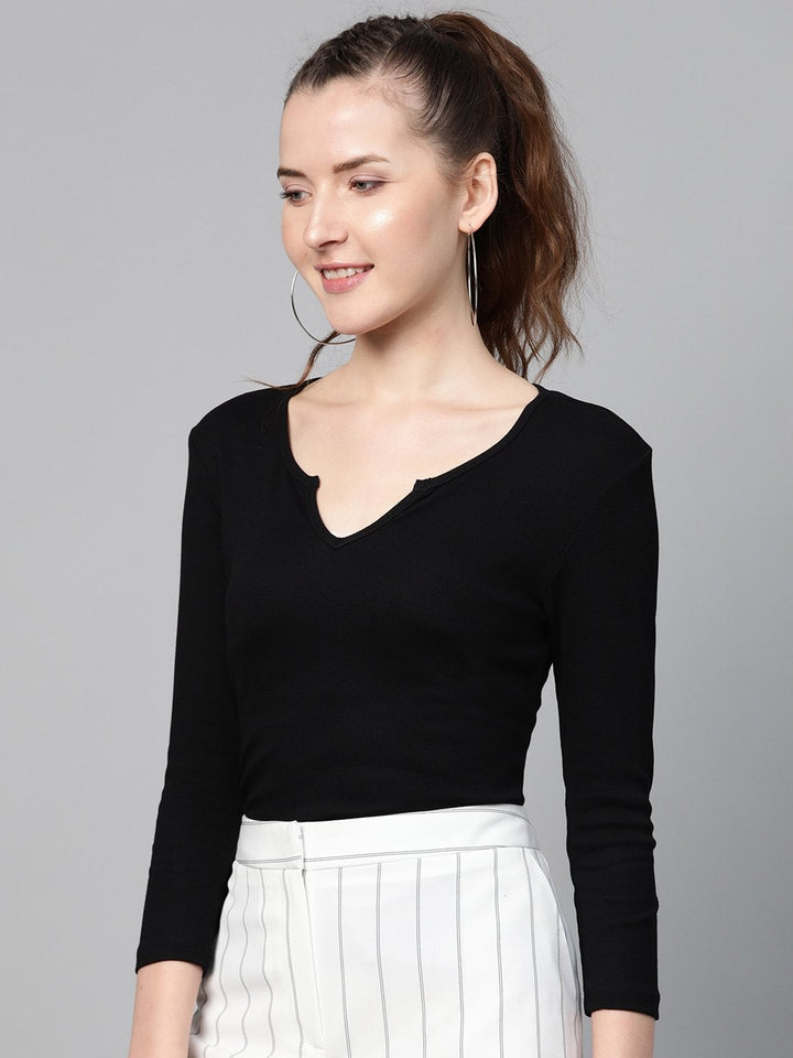 Women's Black Rib V-Neck T-Shirt - SASSAFRAS