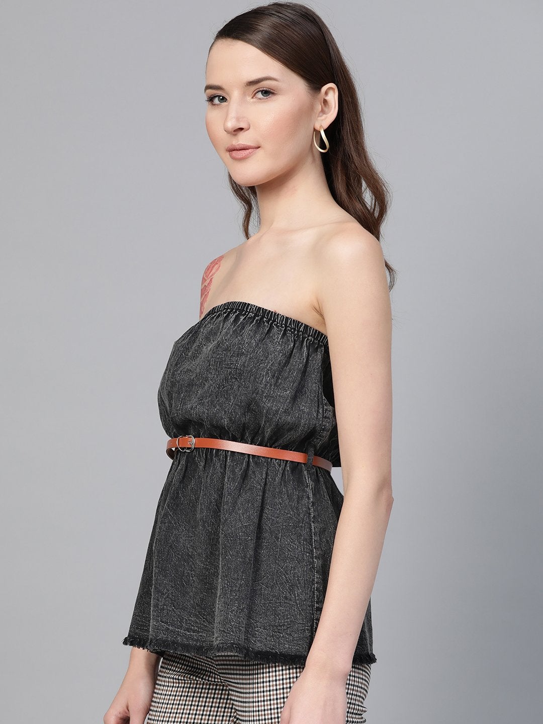 Women's Black Denim Acid Wash Tube Top - SASSAFRAS
