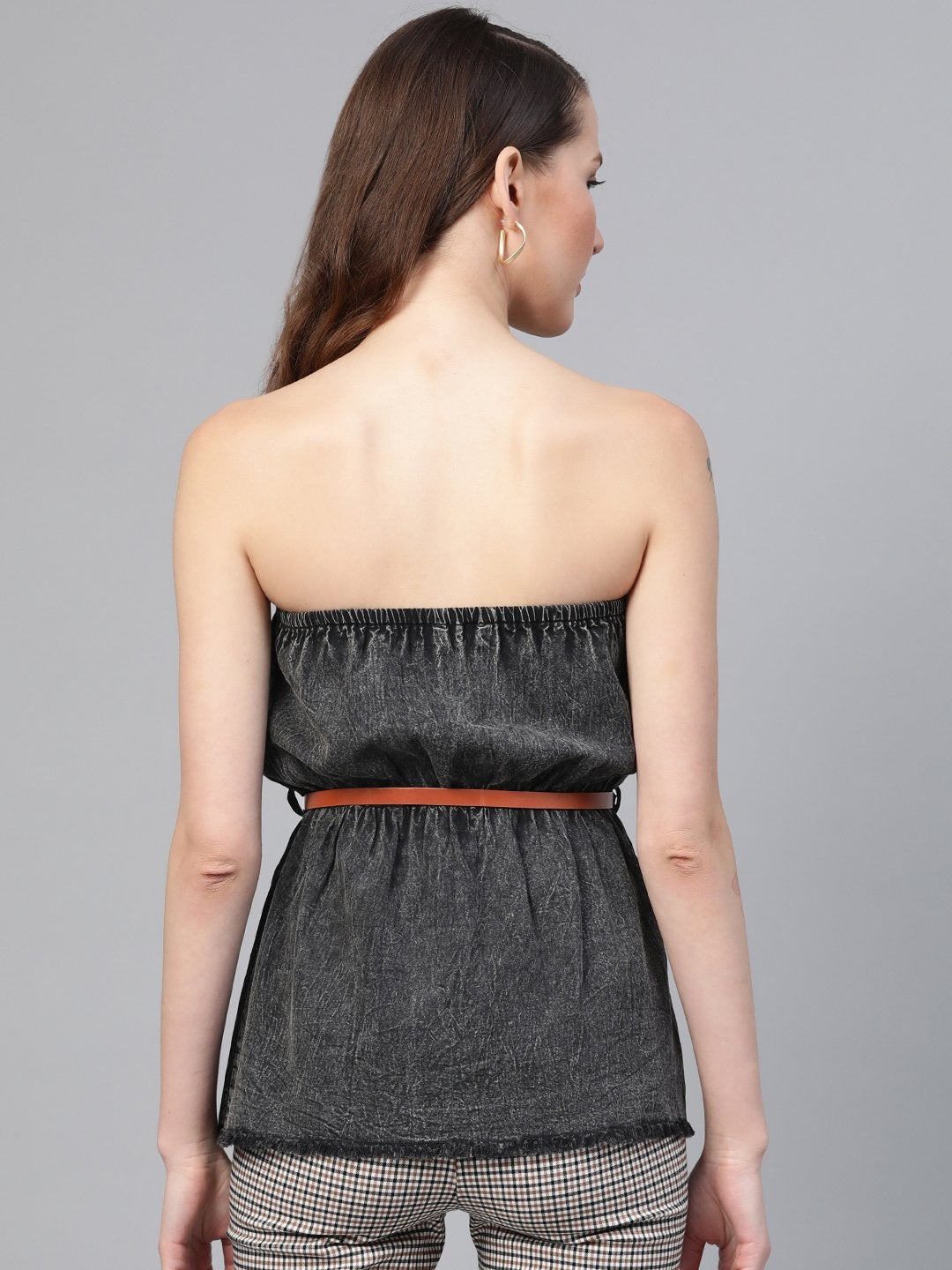 Women's Black Denim Acid Wash Tube Top - SASSAFRAS