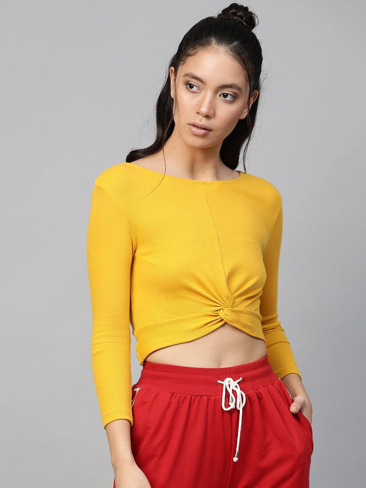Women's Mustard Rib Twisted Knot Crop Top - SASSAFRAS