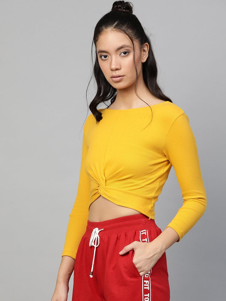 Women's Mustard Rib Twisted Knot Crop Top - SASSAFRAS