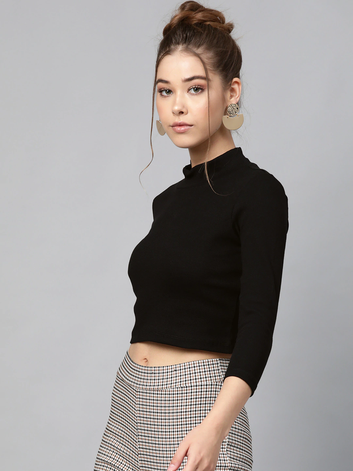Women's Black Rib Turtle Neck Crop Top - SASSAFRAS