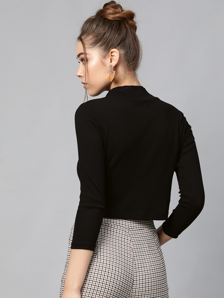 Women's Black Rib Turtle Neck Crop Top - SASSAFRAS