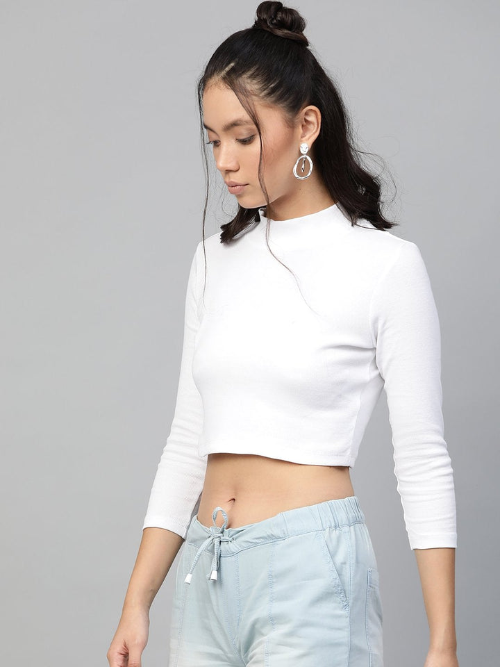 Women's White Rib Turtle Neck Crop Top - SASSAFRAS