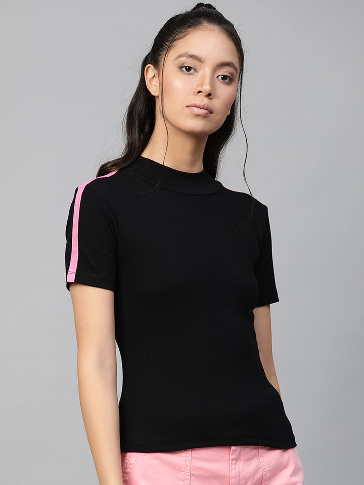 Women's Black Rib High Neck Shoulder Tape Top - SASSAFRAS