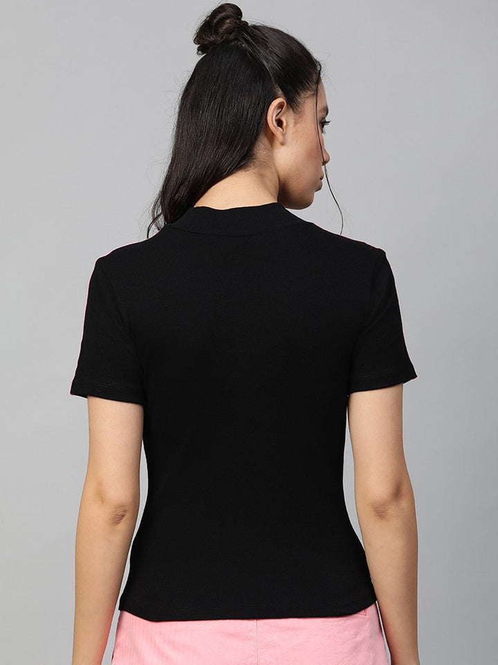 Women's Black Rib High Neck Shoulder Tape Top - SASSAFRAS