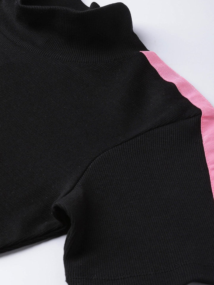 Women's Black Rib High Neck Shoulder Tape Top - SASSAFRAS