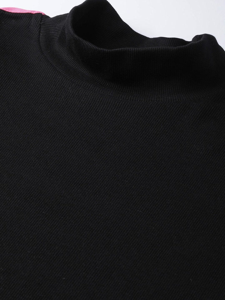Women's Black Rib High Neck Shoulder Tape Top - SASSAFRAS