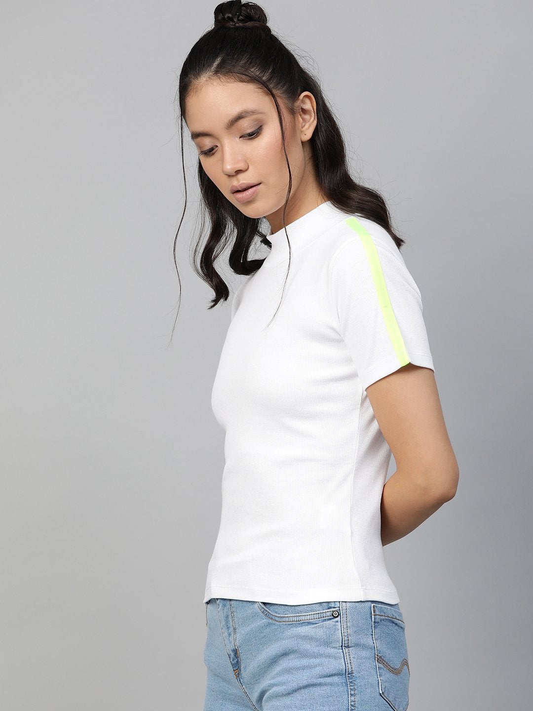 Women's White Rib High Neck Shoulder Tape Top - SASSAFRAS