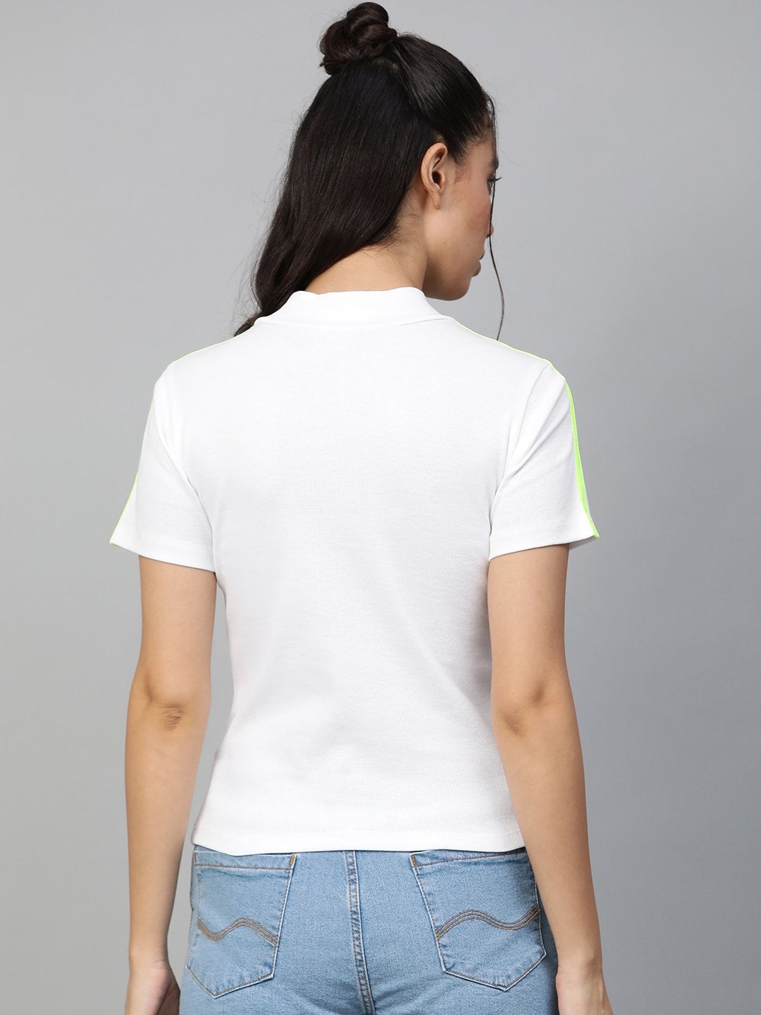 Women's White Rib High Neck Shoulder Tape Top - SASSAFRAS