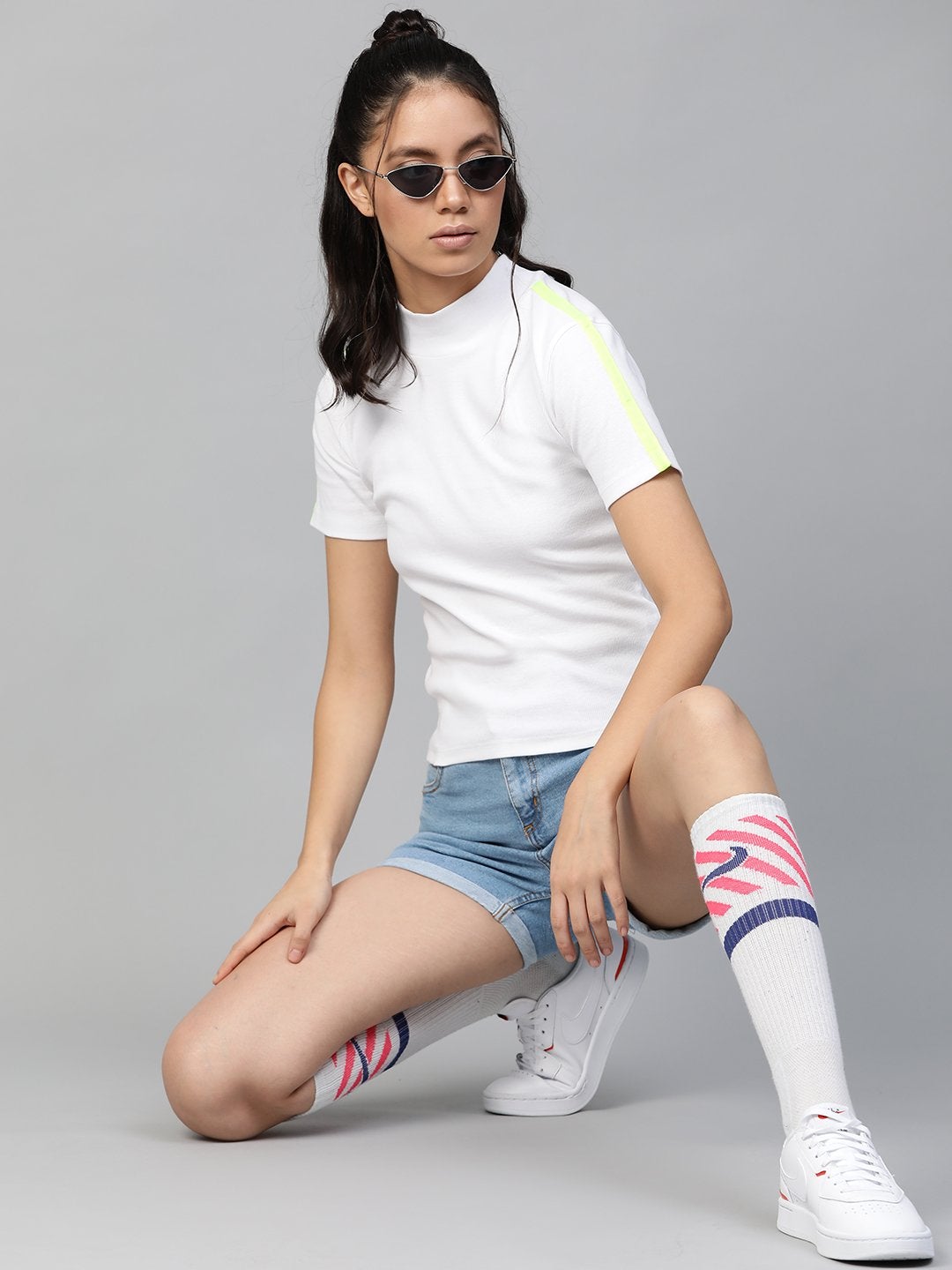 Women's White Rib High Neck Shoulder Tape Top - SASSAFRAS