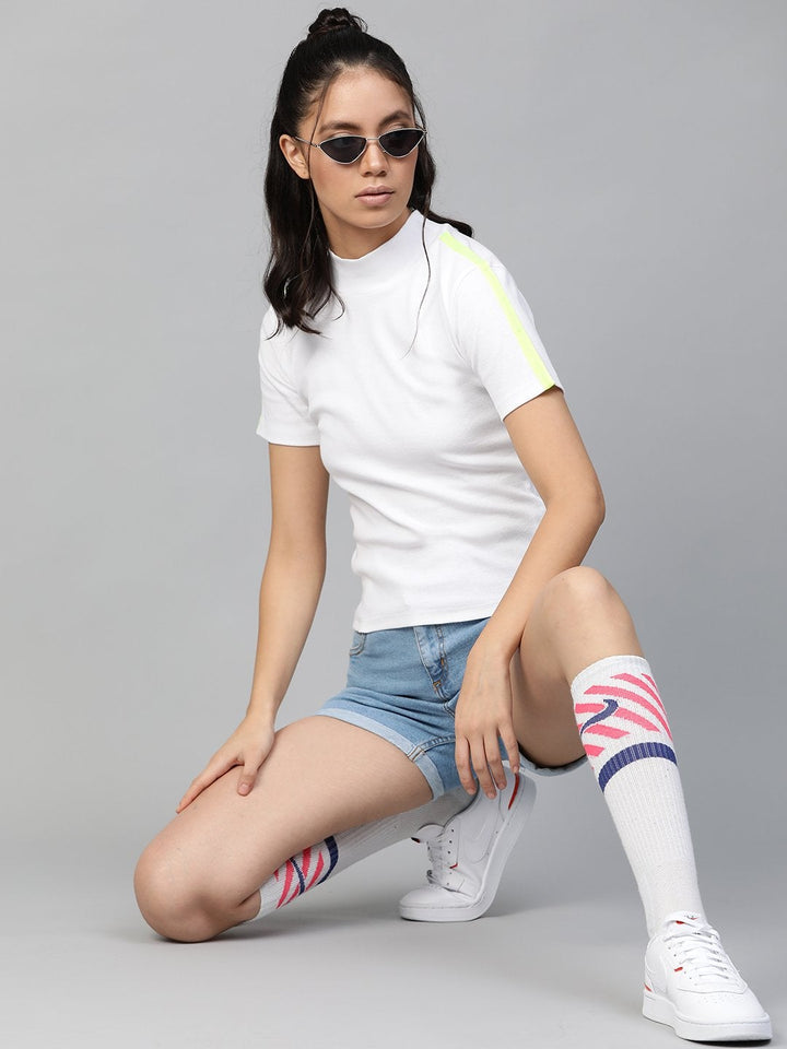 Women's White Rib High Neck Shoulder Tape Top - SASSAFRAS